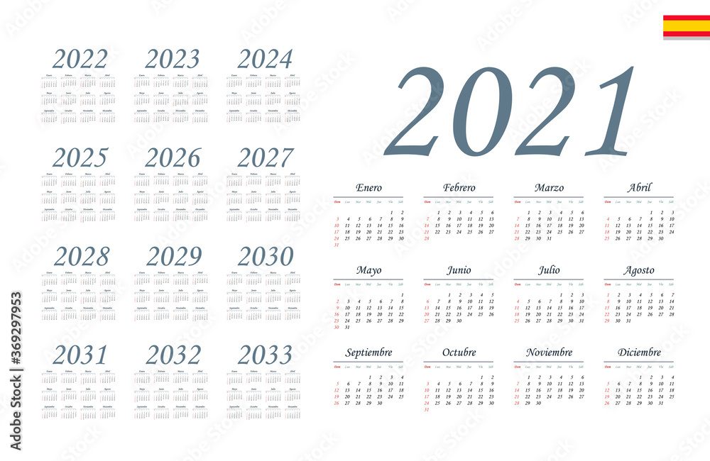 Spanish calendar 2021 - 2033 on white background, week starts on Sunday Spanish calendar 2021 - 2033 on white background, week starts on Sunday
