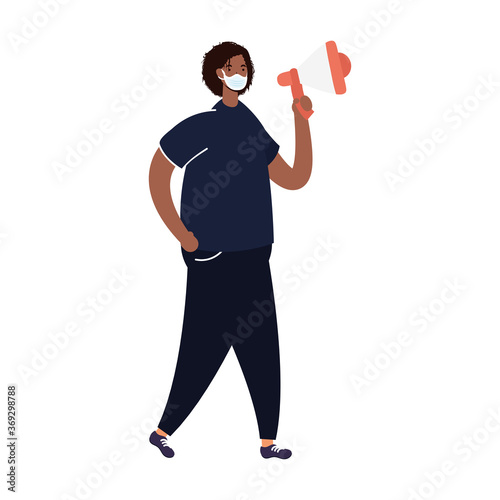 afro man wearing medical mask protesting with megaphone