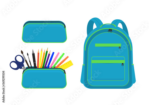 Set from pencil cases and closed backpack. Pencil case with zipper full of school stationery isolated on white background. 