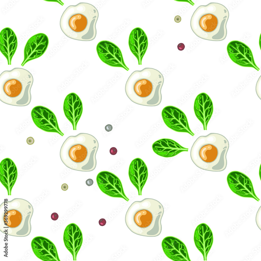 Fried egg isolated on white background with spinach and pepper, vector illustration