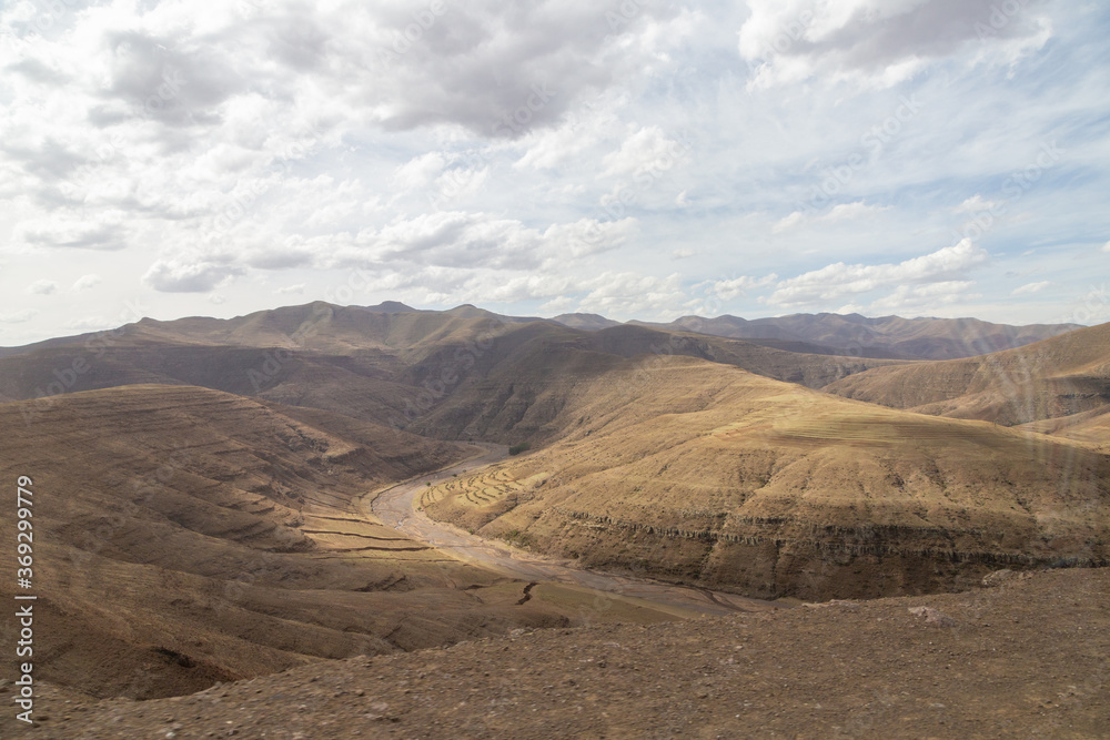 dried out Oranje River in November 2019, Thaba-Tseka District, Kingdom of Lesotho, southern africa