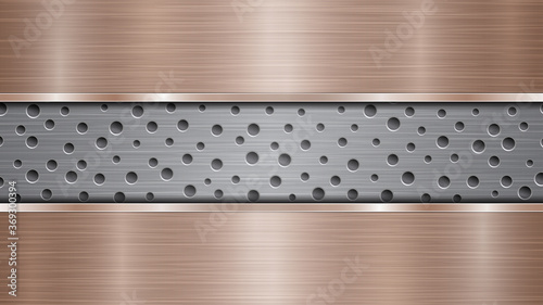 Background of silver perforated metallic surface with holes and two horizontal bronze polished plates with a metal texture, glares and shiny edges