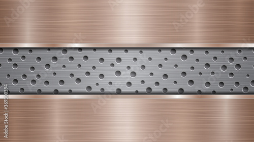 Background of silver perforated metallic surface with holes and two horizontal bronze polished plates with a metal texture, glares and shiny edges