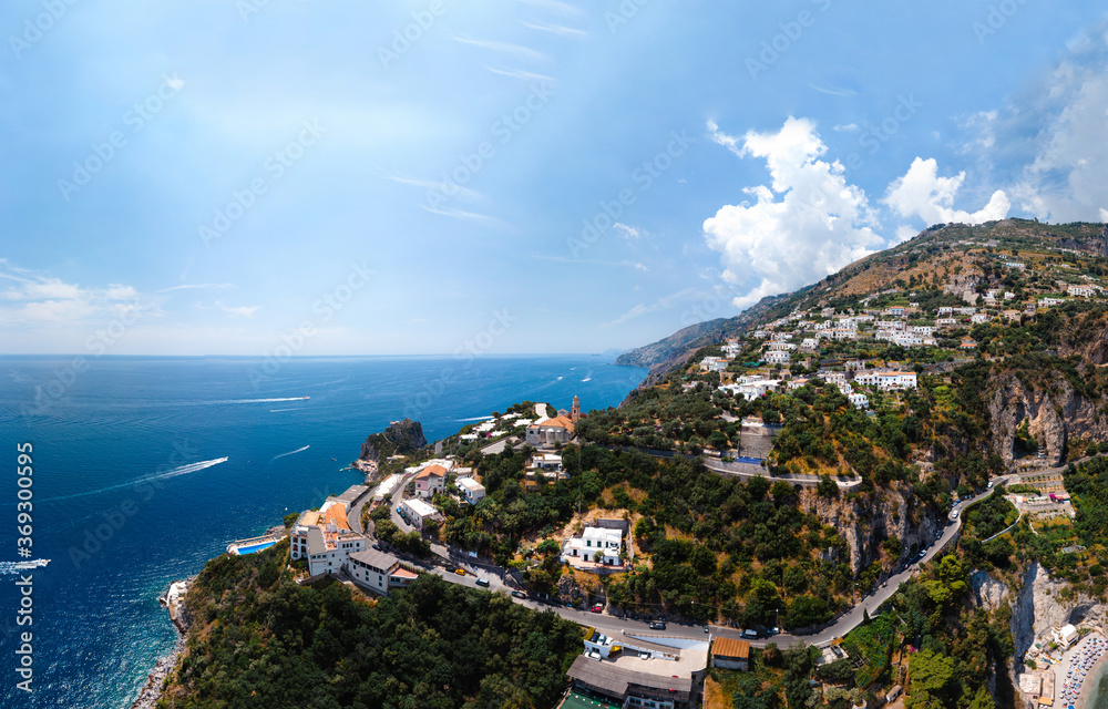 Aerial view of Conca dei Marini,Tovere. Beautiful bay and famous resort near Amalfi, Curve road and hotels. Italy, Europe