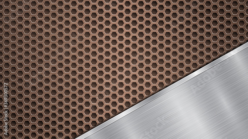 Background of bronze perforated metallic surface with holes and angled silver polished plate with a metal texture, glares and shiny edges