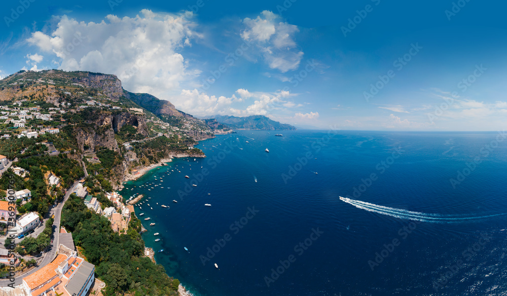 Aerial view of Conca dei Marini,Tovere. Beautiful bay and famous resort near Amalfi, Copy space. water boats rent concept. roads and traffic,Italy, Europe