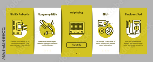Radio Repair Service Onboarding Mobile App Page Screen Vector. Radio Repair Electronic And Mechanical Equipment Soldering Iron And Ammeter Illustrations
