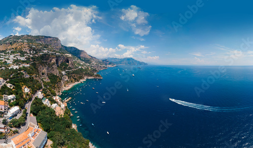 Aerial view of Conca dei Marini,Tovere. Beautiful bay and famous resort near Amalfi, Copy space. water boats rent concept. roads and traffic,Italy, Europe photo