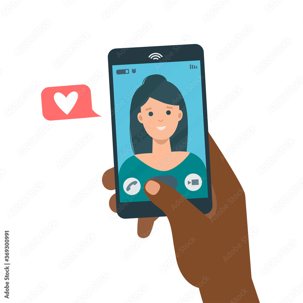 African man hand holding mobile phone, video call, conversation with girlfriend on screen . Face of girl on screen isolated.  Vector flat illustration. Social relations on distance concept.