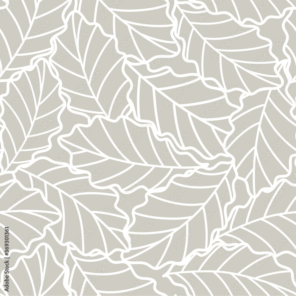 seamless gray abstract background with white  oak leaves drawn by thin lines