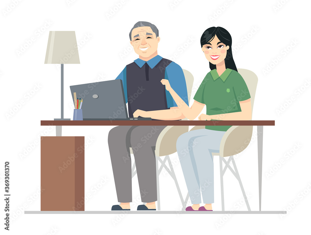 Senior Chinese man at the computer - flat design style illustration Senior Chinese man at the computer - flat design style illustration