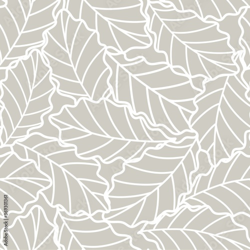seamless gray abstract background with white  oak leaves drawn by thin lines