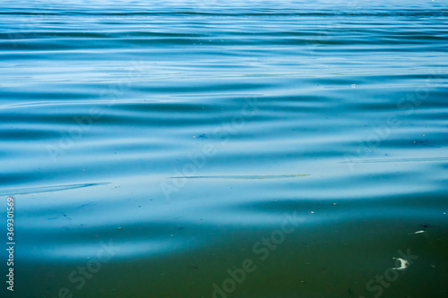 Blue water background with green reflection and waves.