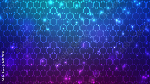 Hexagon grid background. Small hexagonal tiles. Future technology concept. Geometric pattern wallpaper. Blue purple gradient. Banner, cover, flyer, poster or print template. Stock vector illustration
