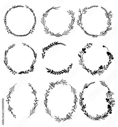Set of hand drawn ink floral wreaths