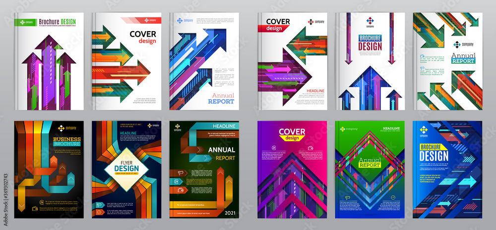 Abstract cover set of diagonal, vertical and horizontal colorful arrows. Modern minimalism business patterns templates.