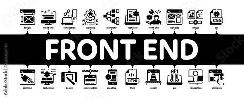 Front End Development Minimal Infographic Web Banner Vector. Front End It Sphere, Html And Css Code, Internet Web Site Design And Painting Illustration