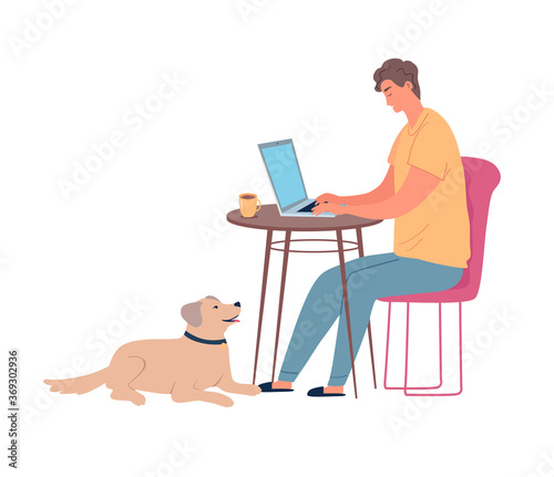 Young man working online at home vector illustration