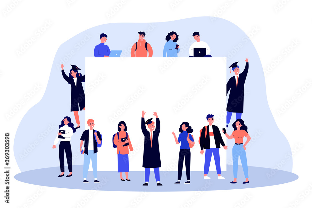 College students around blank banner. Young girls and guys in graduation caps and gowns flat vector illustration. Community, education concept for banner, website design or landing web page