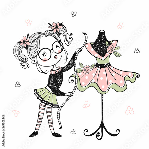 A cute little seamstress shows off the dress she made. Vector