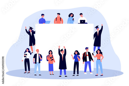 College students around blank banner. Young girls and guys in graduation caps and gowns flat vector illustration. Community, education concept for banner, website design or landing web page