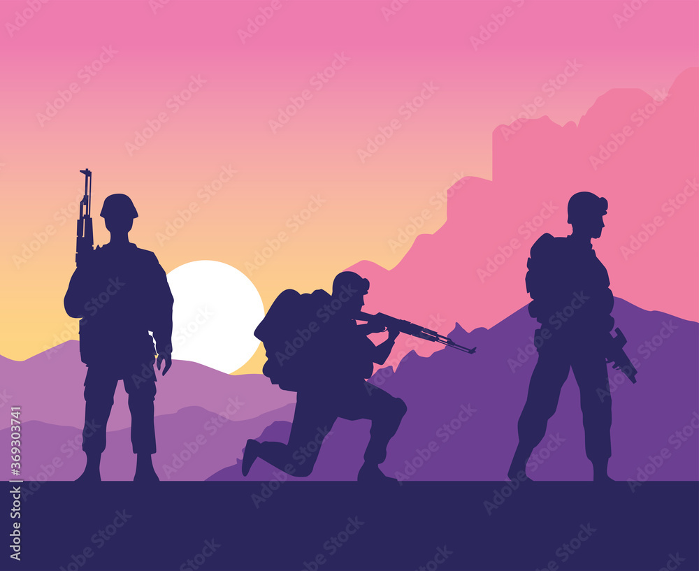 soldiers figures silhouettes at sunset scene