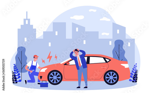 Car mechanic repairing broken car on road. Motor professional helping panicking vehicle driver flat vector illustration. Road assistance service concept for banner, website design or landing web page