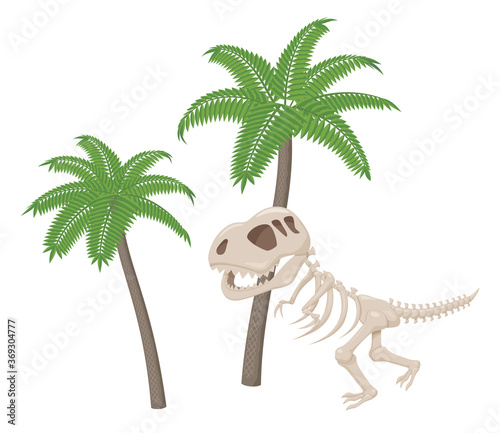 恐竜時代の植物とティラノサウルスの化石のイラスト_先史時代_太古