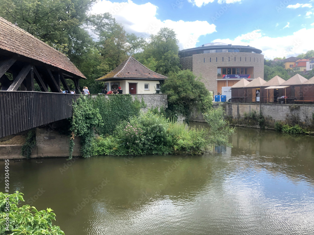 Schwäbisch Hall, Germany - July 11, 2020: kocher riverside in Schwaebisch Hall, Baden-Wuerttemberg, southwest Germany