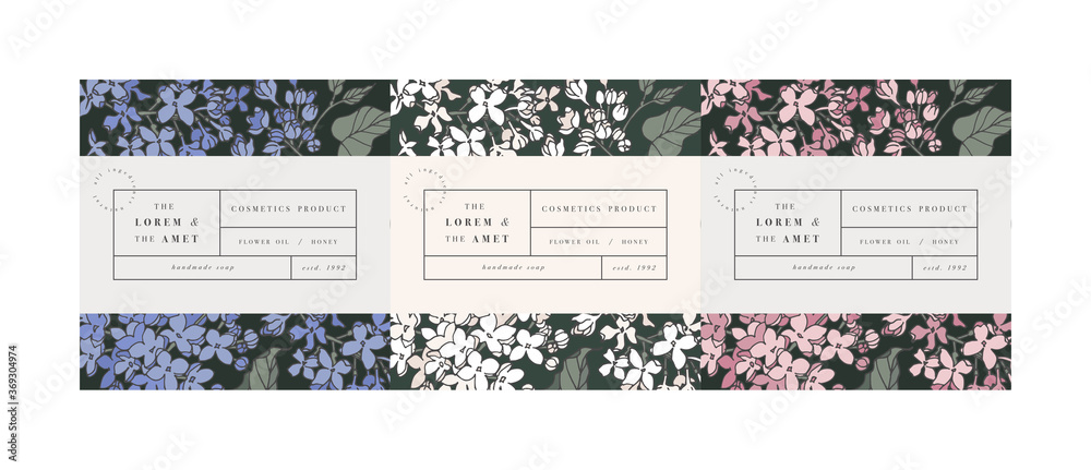 Vector set pattens for cosmetics with label template design. Patterns or wrapping paper for package and beauty salons. Lilac flowers. Organic, natural cosmetic.