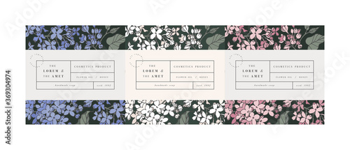 Vector set pattens for cosmetics with label template design. Patterns or wrapping paper for package and beauty salons. Lilac flowers. Organic, natural cosmetic.