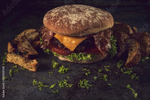 Tasty burger on rustic background