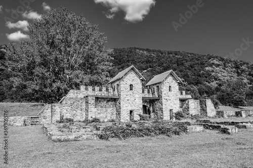 Ruins of Arutela roman castrum on the banks of river Olt near Calimanesti, Valcea county, Wallachia region, Romania in black and white photo