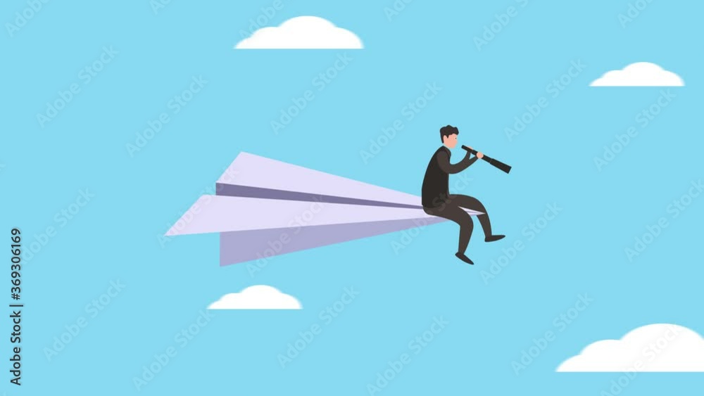 Young businessman using telescope on a paper plane