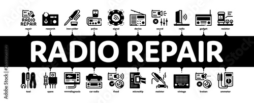 Radio Repair Service Minimal Infographic Web Banner Vector. Radio Repair Electronic And Mechanical Equipment Soldering Iron And Ammeter Illustration