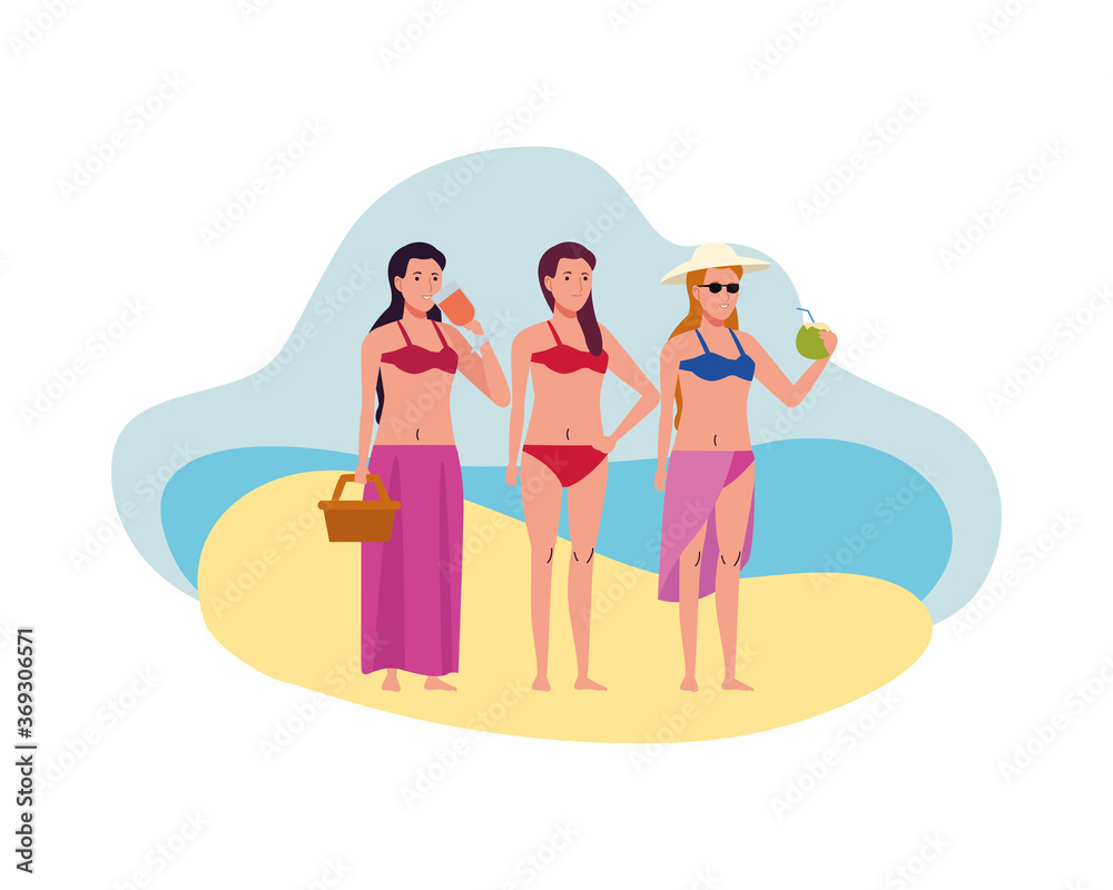 young women wearing swimsuit with cocktails and basket characters