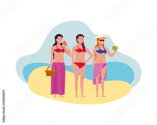 young women wearing swimsuit with cocktails and basket characters