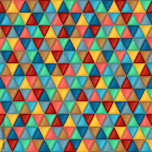 Geometric Seamless Pattern of Triangles of Blue, Brown, Coral, Green, Grey, Turquoise, Yellow Colors.