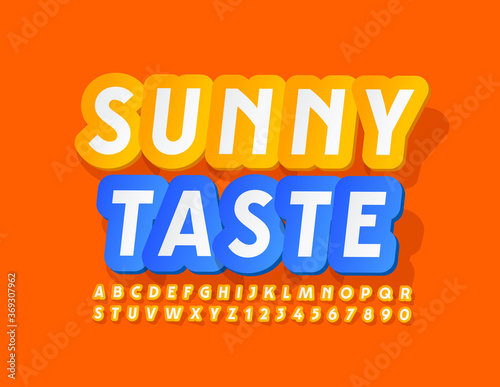 Vector bright banner Sunny Taste. Modern Yellow and White Font. Sticker Alphabet Letters and Numbers
