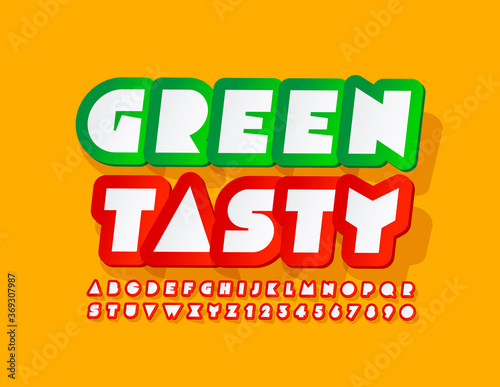 Vector creative emblem Green Tasty. Red and White sticker Font. Abstract creative Alphabet Letters and Numbers