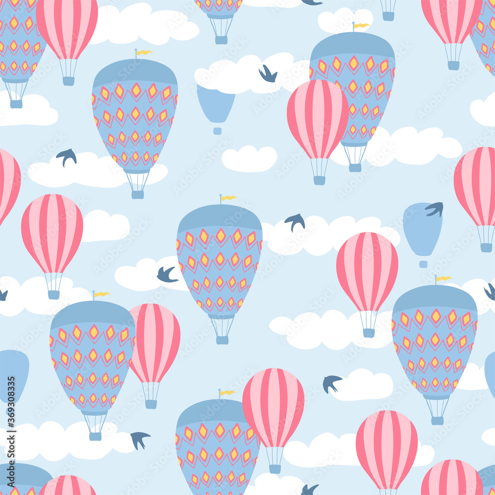 Children's seamless pattern with air balloons, clouds and birds on blue background. Cute texture for kids room design, Wallpaper, textiles, wrapping paper, apparel. Vector illustration