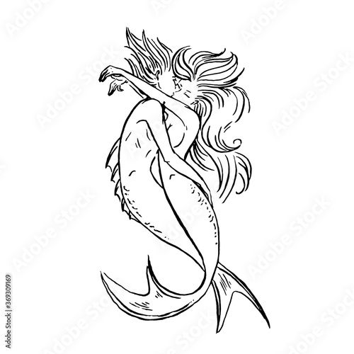 Vector mermaids lovers couple of man and woman kissing and hugging