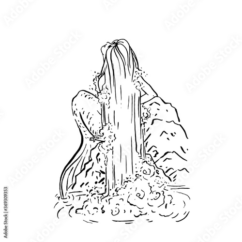 Vector Mermaid illustration black isolated on white, coloring page or fairy tale nymph illustration, mermaid with water hair as waterfall