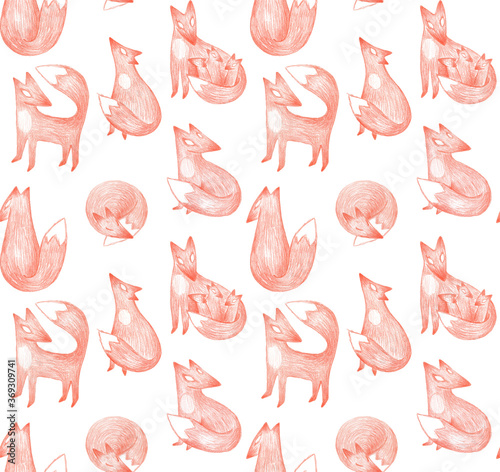 Vector seamless pattern of Red foxes, hand drawn children book cute sketch illustration colored pencils of sleeping, walking and playing abstract animals.