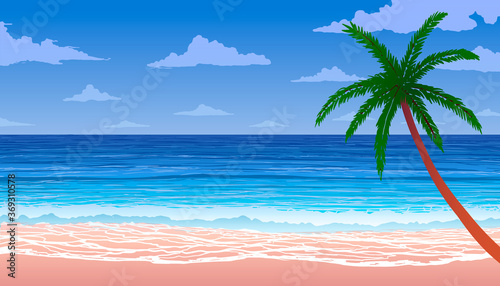 Fototapeta Naklejka Na Ścianę i Meble -  Palm tree on sandy calm ocean shore 