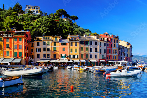 Beautiful Portofino cityscape  best touristic Mediterranean place with typical colorful buildings and famous luxury harbor  Portofino  Liguria  Cinque Terre  Italy  Europe