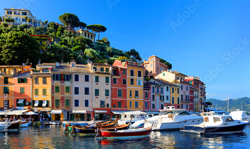 Portofino cityscape, best touristic Mediterranean place with typical colorful buildings and famous luxury harbor, Portofino, Liguria, Cinque Terre, Italy, Europe © Rechitan Sorin