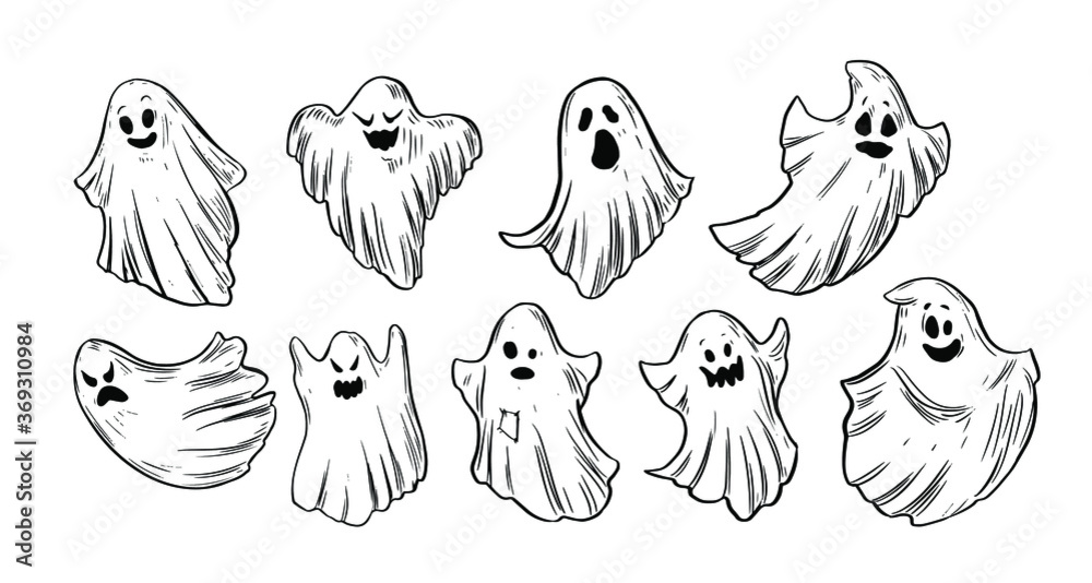 Vetor De Set Of Cartoon Halloween Ghosts Vector Outline Illustration