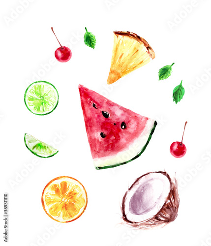 Fototapeta Naklejka Na Ścianę i Meble -  Hand drawn watercolor food and drink illustration