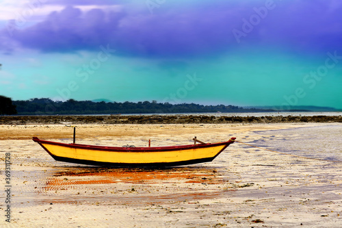 Yellow colored boat on the beach of Henrys Island, Andaman, India